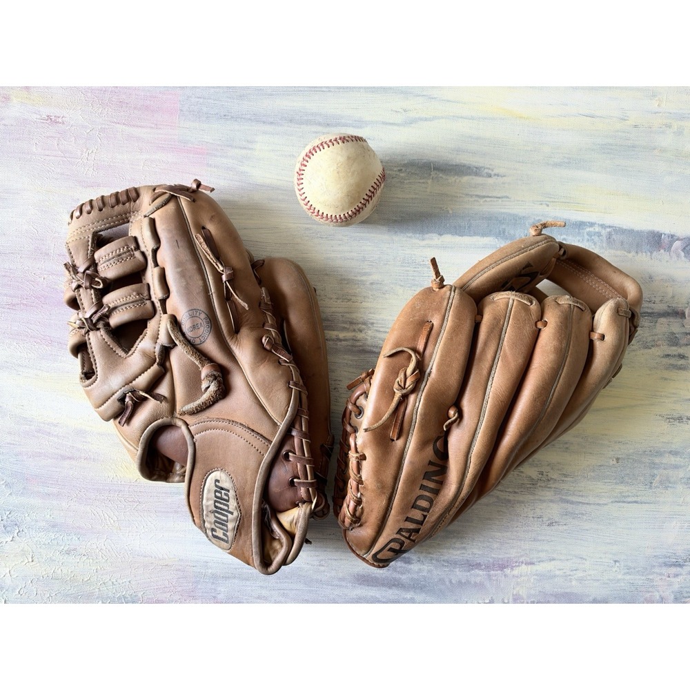 Vintage Cooper 609 & Spalding 42-5395 Baseball Gloves Leather Lot of 2 + Ball